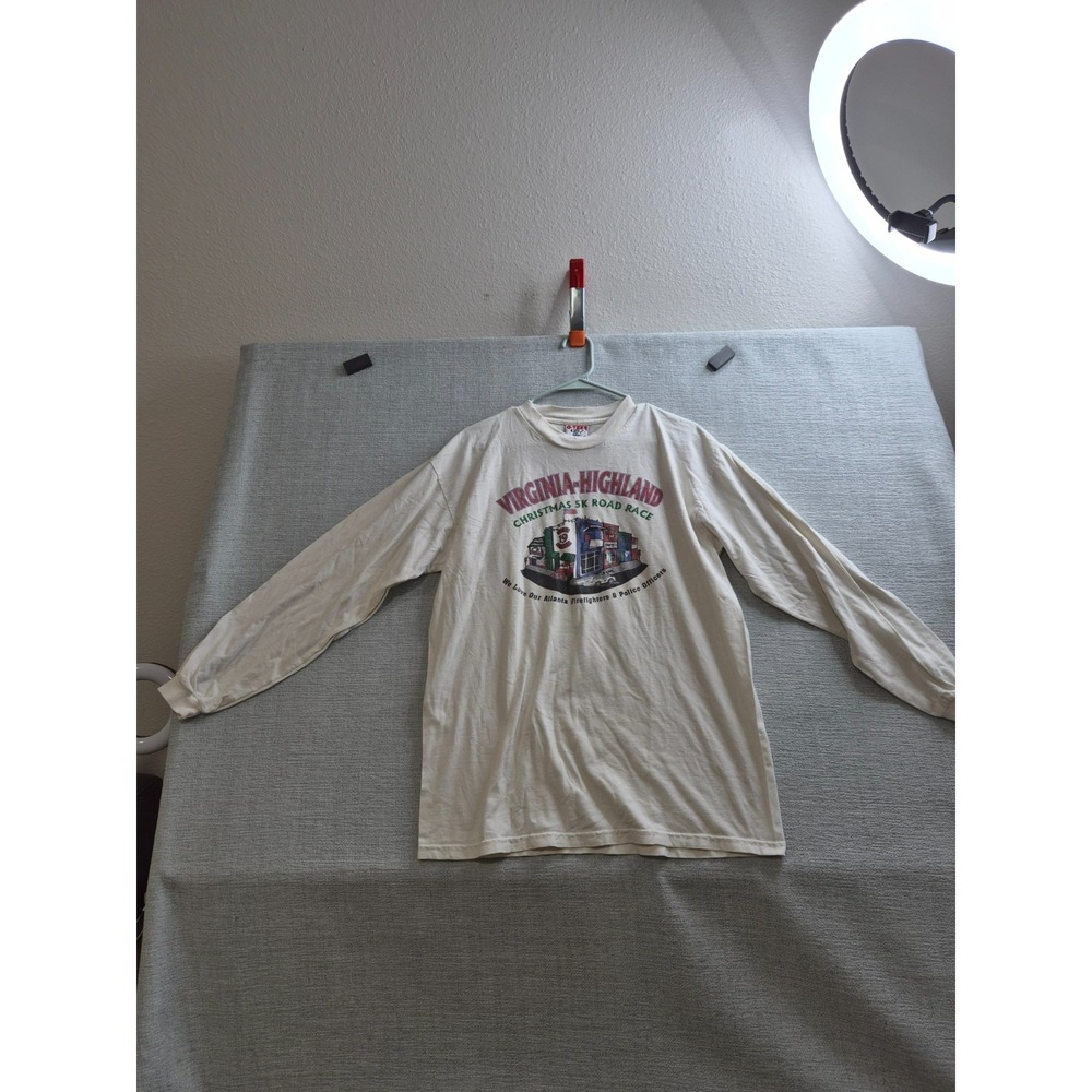 Vintage Q-Tees Virginia Highland Christmas 5K Road Race T Shirt Mens Large Beige